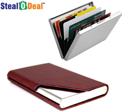 

Stealodeal Brown Wood Cut Textured Steel With Plain Metal 20 Card Holder(Set of 2, Brown)