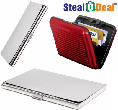 

Stealodeal 2pc Silver Stainless Steel with Red Security Credit/Debit 10 Card Holder(Set of 3, Silver, Red)
