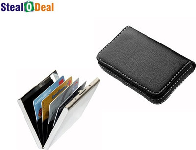 

Stealodeal Full Black Leather With Silver Plain Metal 15 Card Holder(Set of 2, Black, Silver)