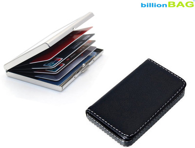 billionBAG High Quality Stainless Steel Plain ATM and Black Leather Soft Visiting 6 Card Holder(Set of 2, Silver, Black)