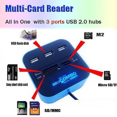 Outre USB 2.0 hub Combo All In One with 3 ports for SD/MMC/M2/MS Multi Card Reader (Black) 