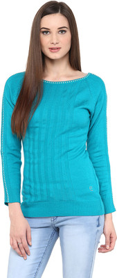 SKIDLERS Self Design Boat Neck Casual Women Blue Sweater SKIDLERS Self Design Boat Neck Casual Women Blue Sweater