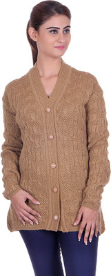 eCools Women Button Woven, Solid Cardigan