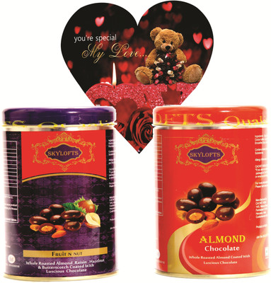 

Skylofts Coated Nuts Tin Packs with valentines love heart Chocolate Bars(Pack of 2, 250 g)