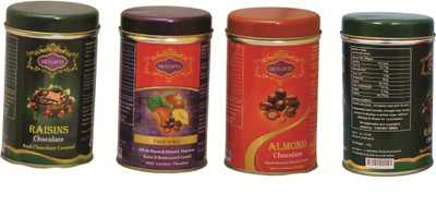 

Skylofts Almond, Fruit N Nut, Raisins Tin (Pack of 4 Assorted) Chocolate Bars(400 g)