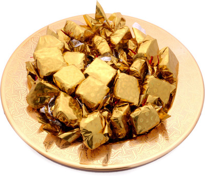 

Ghasitaram Gifts Golden Self Design Tray with Roasted Sugarfree Chocolate Bars(300 g)