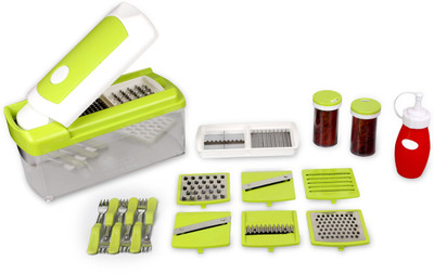 

global voice 20-20 Unbreakable Potato , Onion, Carrots , Beat , Tomato , Cucumber , Green Turmeric , Ginger ,Green Chilly , Pineapple , Banana , Apple Slicer Chopper(4 Zigzad Blade , 1 Grate Thin Blade , 1 Grate Thick Blade , 1 Thin Slicer Blade , 1 Thick