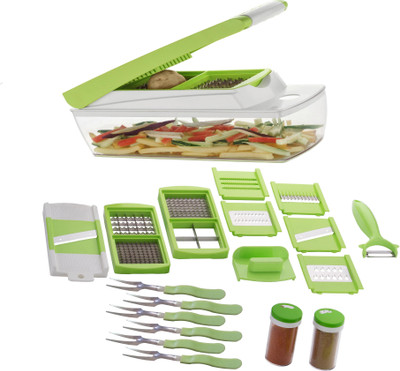 

Speedwell 20 in 1 Fruit & Vegetable Graters, Slicer, Chipser, Dicer, Cutter, Chopper (6 Forks Spoons & 2 Spice Jar) Chopper(1 Fruit dicer, 1 veg chopper, 1 potato chips, 1 Tomato chips, 1 plain slicer thin, 1 fruit dicer, 1 greater thine, 1 veg plain slic