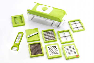 cierie Manual Dicer Green Chopper(1-Piece peeler with grater, 1-Piece handle with cleaning press, 2-Piece slicer blades, 1-Piece PolyCarbonate Container, 2-Pieces grater blade, 1-Piece safety holder, 2-Piece dual blade, 1-Piece blade die attachment, 1-Piece Juliane blade)