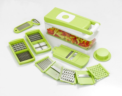 

Ganesh Quick Dicer Chopper(Main Unit With Container, 2 Nos. 2i in 1 Dicing Blades, 6 Nos. Slicing & Grating Blades, 1 No 2 in 1 Peeler With Grater, 1 Safety Holder), Green