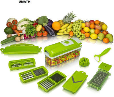 

UMATH Chopper(1 x Removable top part with cleaning button 1 x Cutting base 1 x Transparent container 1 x Blade 6x6mm / 12x12mm 1 x Blade 18x18mm / 6x36mm 1 x Blade quarters/wedges 1 x Plug-in cutting stamp 1 x Partial blade cove 1 x Perfect peeler 1 x Fre
