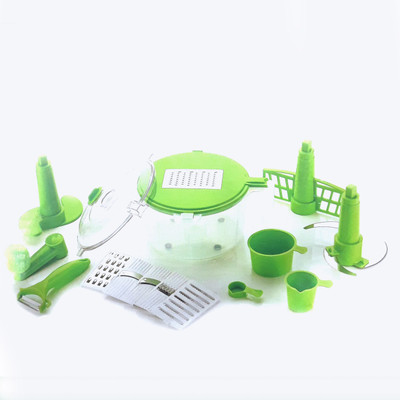 

Lavelle Kitchen Konvex Chopper(1 General Base, 1 Slicer Attachment, 1 Dough Maker Attachment, 1 Mixing Throttle, 6 Slicing Blades, 1 Peeler, 1 Dough Maker Blade, 1 Shredder Blade, 1 Juice Stirrer Blade, 3 Measuring Cups), Green