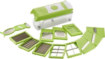 

Spheredeal Chopper(1-Piece Plastic Container, 2-Piece stainless steel blade, 2-Piece slicer blades, 2-Pieces grater blade, 1-Piece peeler with grater and slicer, 1-Piece blade die attachment, 3-Piece chopper blade, 1-Piece handle with cleaning press), Gre