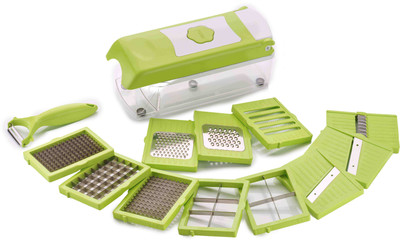 

Rudraksh Appliances Chop King Chopper(1 container, 5 cutting blades, 3 slicing blades, 3 greater blades, 1 peeler), Multicolor