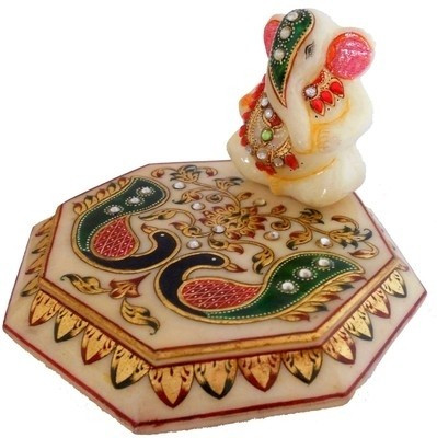 

Traditional Rajasthan Generous Lord Ganesha on Meenakari chowki_MPC004 Marble Pooja Chowki(White, Gold, Pack of 2)