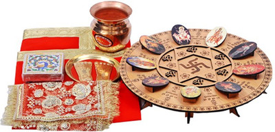 

Mata Ki Chowki Wooden, Nylon, Copper, GoldPlated Pooja Chowki(Multicolor)