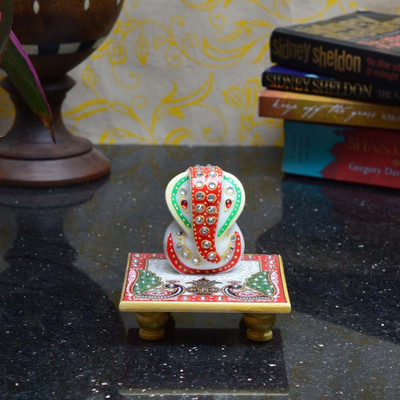 

eCraftIndia Crystal Studded Lord Ganesha With Peocock And Kalash Marble All Purpose Chowki(Multicolor, Pack of 1)