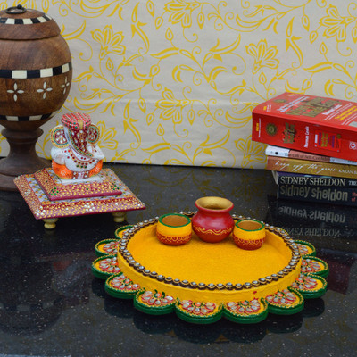 

eCraftIndia Lord Ganesha Chowki with Pooja Thali Wooden, Ceramic, Marble All Purpose Chowki(Multicolor, Pack of 2)
