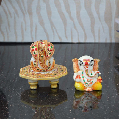 

eCraftIndia Lord Ganesha Marble Chowki with Pooja Thali Marble, Polyresin All Purpose Chowki(Multicolor, Pack of 2)