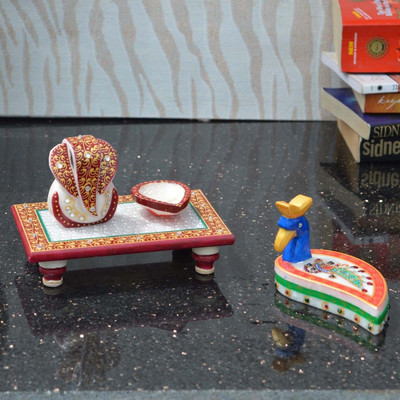 

eCraftIndia Lord Ganesha Marble Chowki with Pooja Thali Marble All Purpose Chowki(Multicolor, Pack of 2)