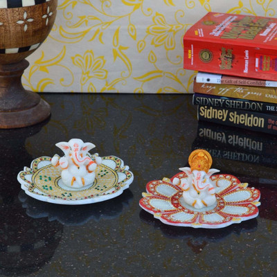 

eCraftIndia Set of 2 Lord Ganesha sitting on Marble Plate Marble All Purpose Chowki(Multicolor, Pack of 2)