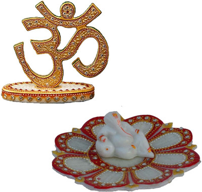 

eCraftIndia Lord Ganesha on Marble Lotus Plate with Om Show Piece Marble All Purpose Chowki(Multicolor, Pack of 2)
