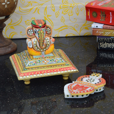 

eCraftIndia Lord Ganesha Chowki with Marble Chopra Marble All Purpose Chowki(Multicolor, Pack of 2)