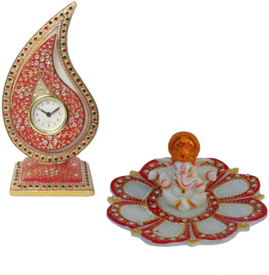 

eCraftIndia Lord Ganesha on Marble Plate with Trophy Clock Marble All Purpose Chowki(Multicolor, Pack of 2)