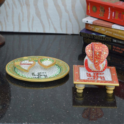 

eCraftIndia Lord Ganesha Marble Chowki with Pooja Thali Marble All Purpose Chowki(Multicolor, Pack of 2)