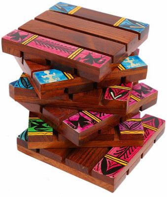 

Indikala Square Wood Coaster Set(Pack of 6), Brown;purple