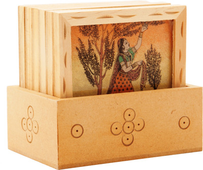 

Traditional Rajasthan Square Wood Coaster Set(Pack of 7), Multicolor
