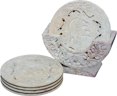 

MNE Round Marble Coaster Set(Pack of 6), Beige