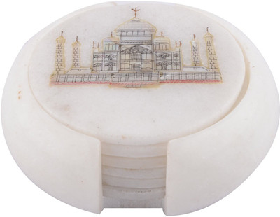 

Pooja Creation Round Marble Coaster Set(Pack of 6), White
