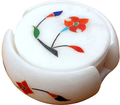 Pooja Creation Round Reversible Marble Coaster Set(Pack of 6)