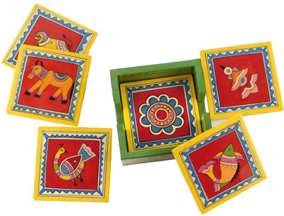 Chave Square Wood Coaster Set(Pack of 6), Multicolor