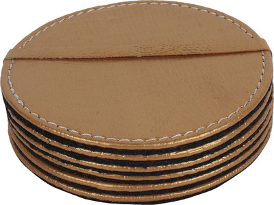The Decor Mart Round Leather Coaster Set(Pack of 6), Gold