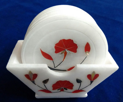 

Unique Handicrafts Round Marble Coaster Set(Pack of 6), Orange