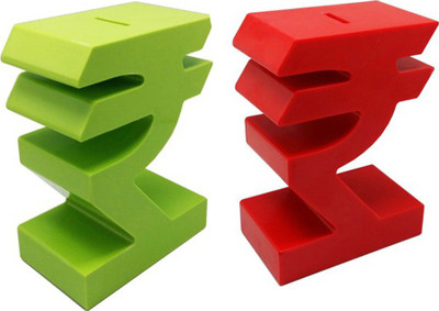 

Tuelip Combo of Two Green And Red Indian Rupee logo Shape Piggy Bank Coin Bank(Multicolor)