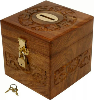 

MartCrown Handmade Wooden Square Money/Piggy Bank with Lock Coin Bank(Brown)