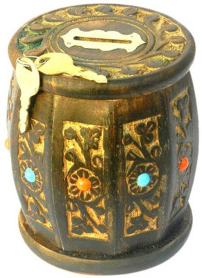 

india wooden handi craft coin bank round brown Coin Bank(Brown)