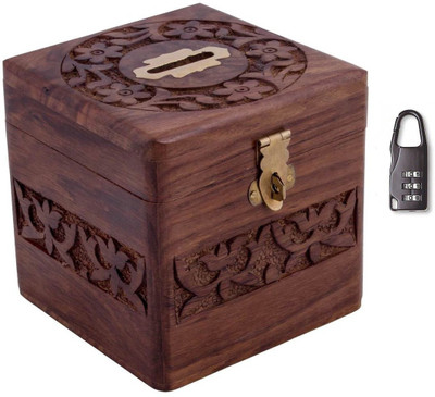 

Woodpedlar Wooden Handicraft Square shaped Trendy Children Piggy Money Coin Bank(Brown)