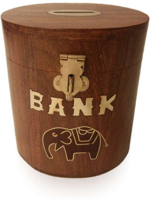 Crafts Paradise Elephant and Brass Inlay Work Oval Shape Coin Bank(Brown)