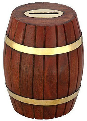 

Craftgasmic Handcrafted Indian Wooden Barrel Money Bank for Kids - Brass Accents and Coin Slot - Measures 5.5 Inches Coin Bank(Brown)