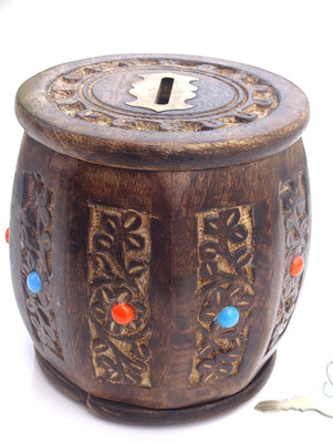 

Woodpedlar Wooden Handicraft Barrel small Hut shaped Trendy Children Piggy Money Coin Bank(Brown)