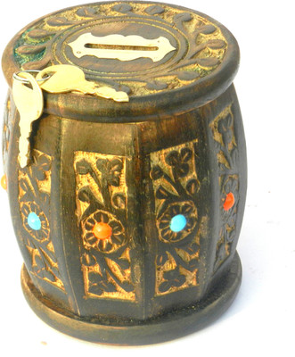 

Aakashi Wooden Carving Drum Money Coin Bank(Brown)