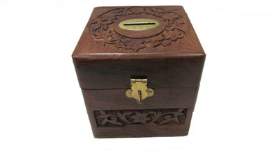 

SC Handicrafts Wooden Square Coin Bank(Brown, Gold)