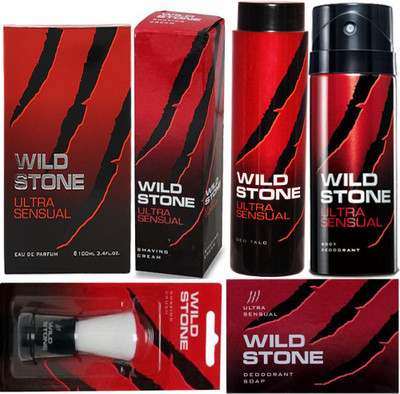 

Wild stone Ultra sensual Deo Shaving cream Brush Talcum powder Soap and Eau De parfum Grooming kit with plastic Bag Combo Set(Set of 6)