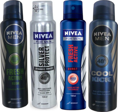 

Nivea Silver Protect Dynamic Power,Cool Cick,Fresh Active Burst,Fresh Active Rush(Set Of 4)Deo For Men Combo Set(Set of 4)