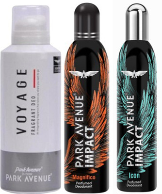 

Park avenue Impact Magnifico,Icon,Voyage prefumed Deodorants pack of 3 for Men Combo Set(Set of 3)