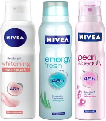 

Nivea Whitening Talc touch,Pearl&Beauty,Energy fresh Deodorants Pack of 3 for Women Combo Set(Set of 3)
